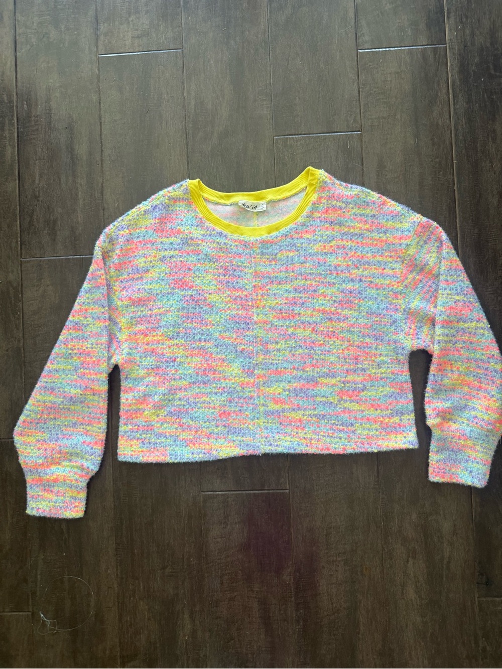 Boutique Bright Colored Pullover Cropped Sweater Crew Neck Ribbed Trim Yellow S